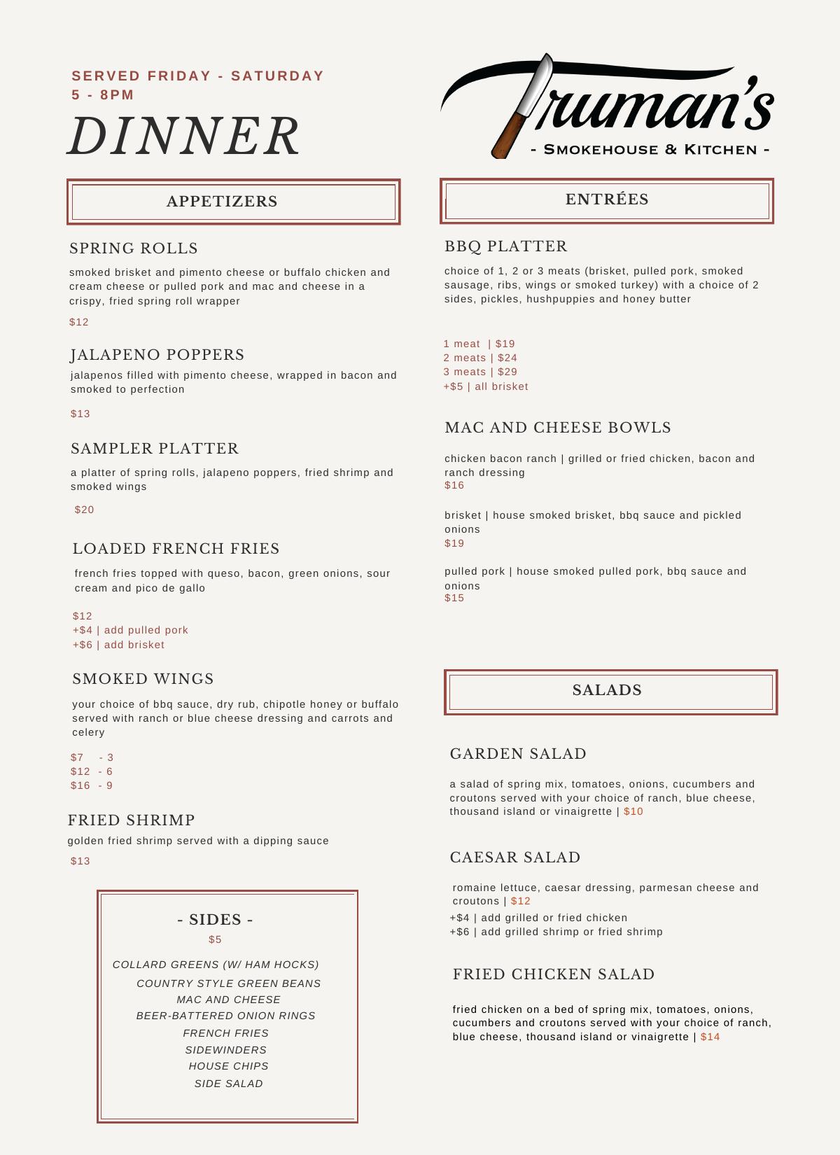 Dinner Menu Page 1