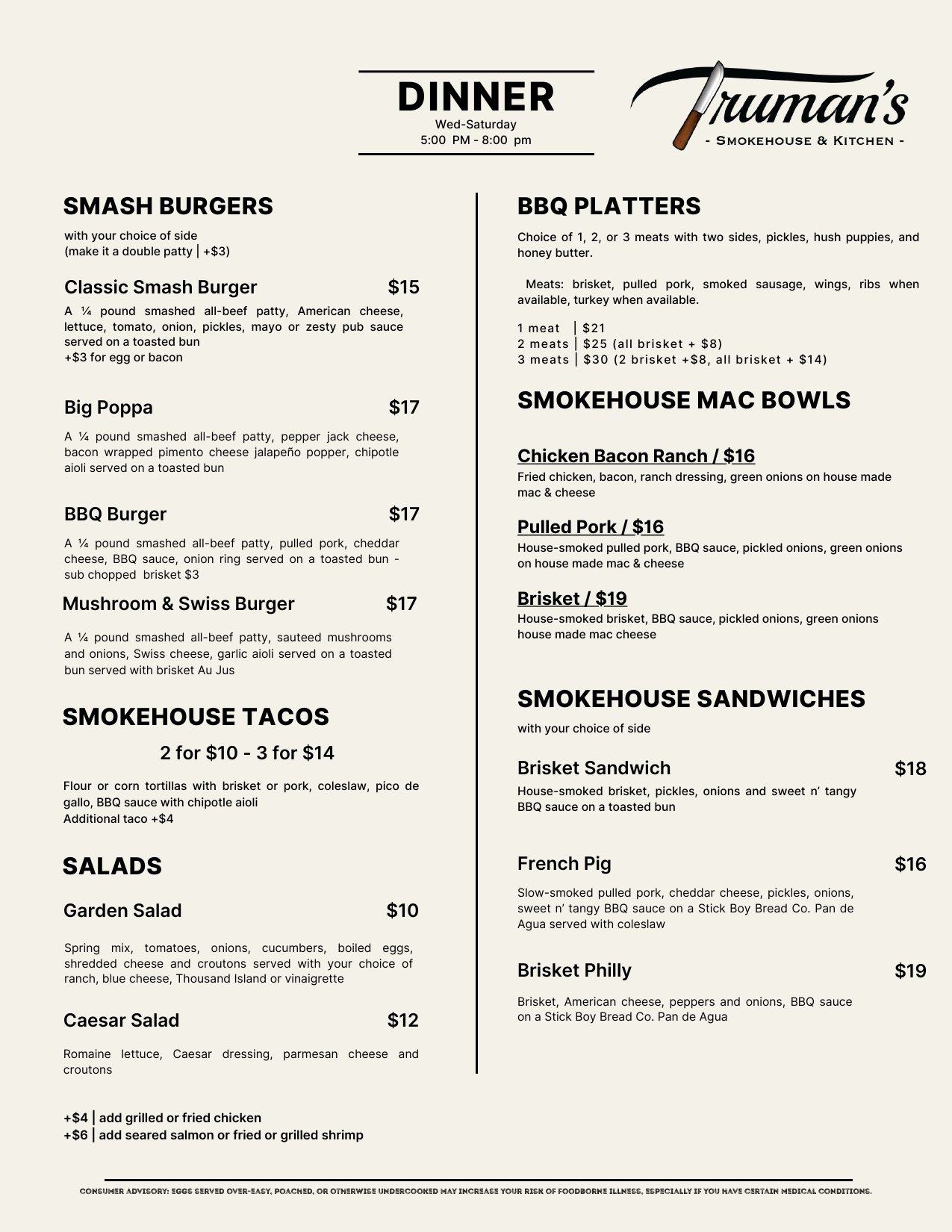 Dinner Menu Page 1
